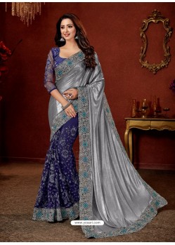 Silver And Blue Shimmer Net Stone Embroidered Party Wear Saree