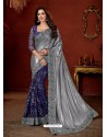 Silver And Blue Shimmer Net Stone Embroidered Party Wear Saree