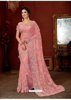 Pink Net Stone Embroidered Party Wear Saree