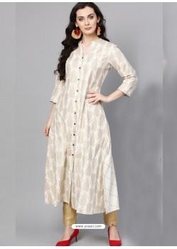 Off White Cotton Printed Readymade Kurti