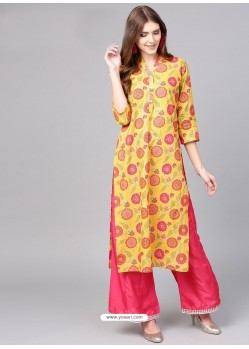 Yellow And Pink Cotton Printed Readymade Kurti