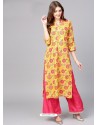 Yellow And Pink Cotton Printed Readymade Kurti