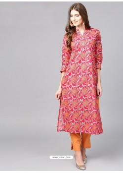 Rose Red Cotton Printed Readymade Kurti