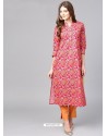 Rose Red Cotton Printed Readymade Kurti