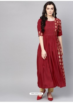 Maroon Viscose Rayon Printed Readymade Kurti