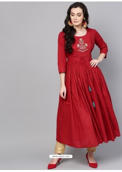 Delightful Maroon Cotton Printed Readymade Kurti