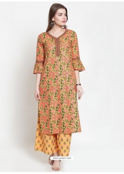 Light Orange Cotton Printed Readymade Kurti