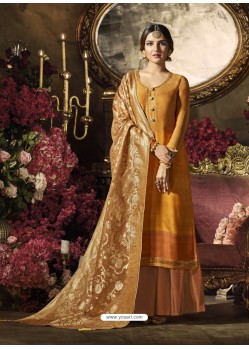 Mustard Satin Georgette Thread Worked Palazzo Suit