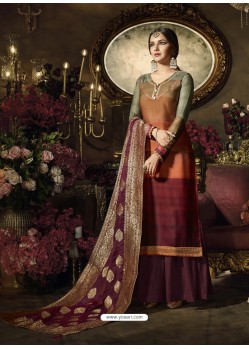 Maroon And Orange Satin Georgette Thread Worked Palazzo Suit