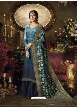 Teal Blue Satin Georgette Thread Worked Palazzo Suit