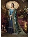 Teal Blue Satin Georgette Thread Worked Palazzo Suit