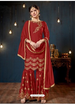 Red Satin Georgette Embroidered Sarara Suit