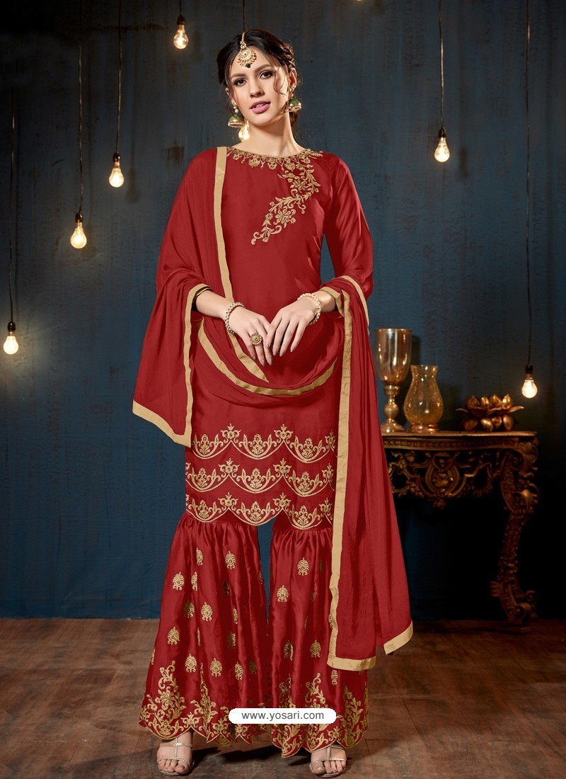 Buy Red Satin Georgette Embroidered Sarara Suit | Palazzo Salwar Suits