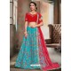 Turquoise And Red Nylon Satin Embroidered Designer Lehenga Choli