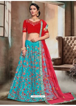 Turquoise And Red Nylon Satin Embroidered Designer Lehenga Choli