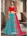 Turquoise And Red Nylon Satin Embroidered Designer Lehenga Choli