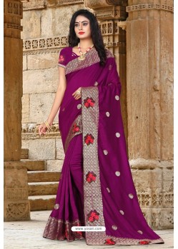 Purple Silk Resham Worked Designer Saree