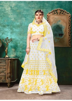 White And Yellow Net Resham Work Designer Lehenga Choli