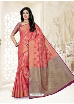 Peach Silk Jacquard Worked Designer Saree