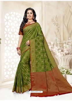 Mehendi Green Silk Jacquard Worked Designer Saree