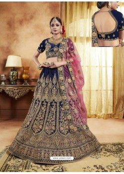 Navy Blue Velvet Heavy Stone Embroidered Designer Lehenga Choli