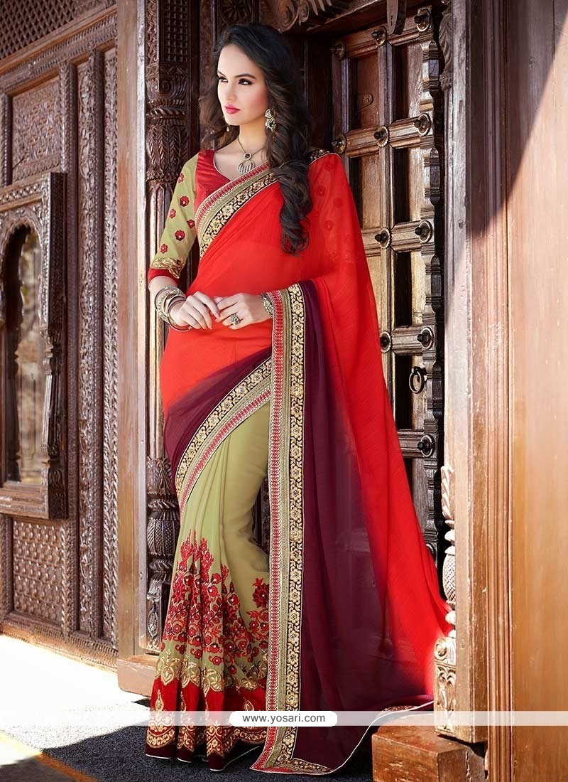 Awesome Red And Beige Chiffon Half And Half Saree