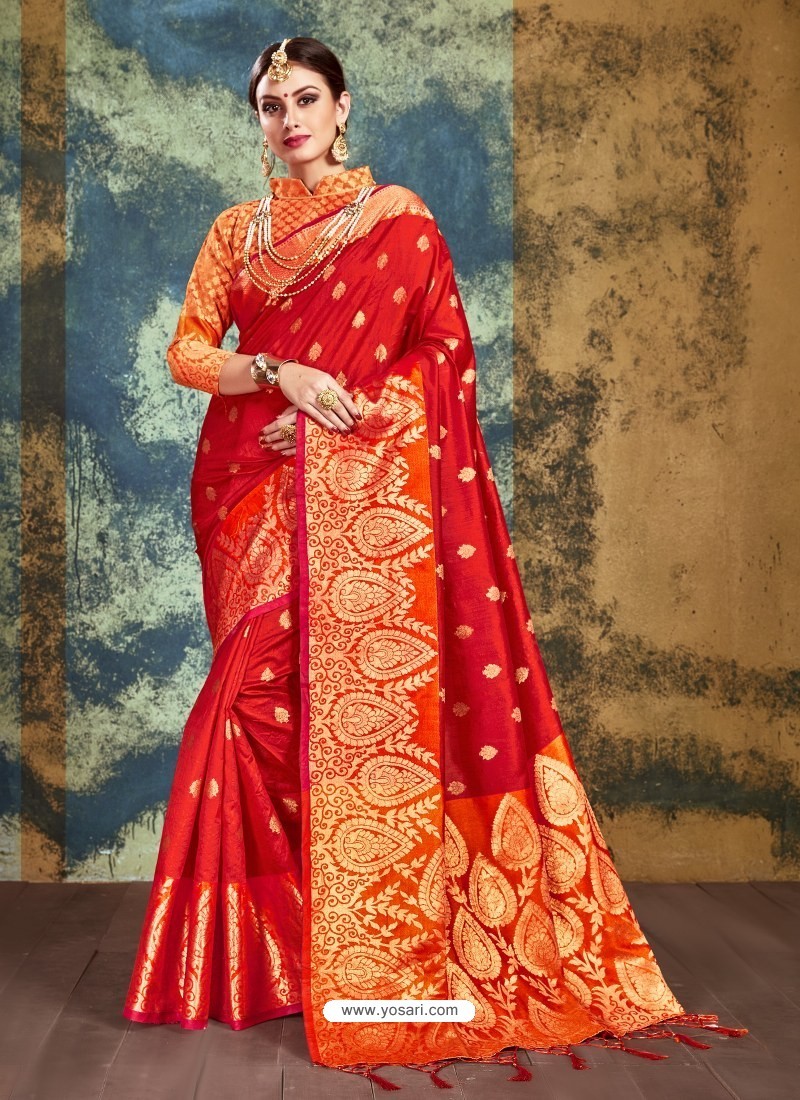Buy Red Crystal Silk Jacquard Worked Designer Saree | Designer Sarees