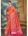 Orange Crystal Silk Jacquard Worked Designer Saree