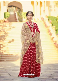 Red Viscose Jacquard Embroidered Floor Length Suit