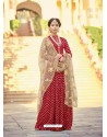 Red Viscose Jacquard Embroidered Floor Length Suit