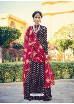 Navy Blue Viscose Jacquard Embroidered Floor Length Suit