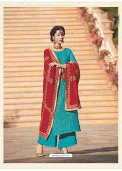 Turquoise Brocade Jacquard Embroidered Straight Suit