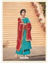 Turquoise Brocade Jacquard Embroidered Straight Suit