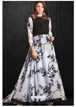 Aqua Grey And Black Pure Soft Maslin Digital Printed Designer Gown