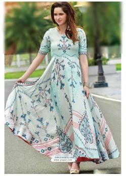Sky Blue Maslin Cotton Digital Printed Designer Gown
