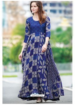 Dark Blue Maslin Cotton Digital Printed Designer Gown