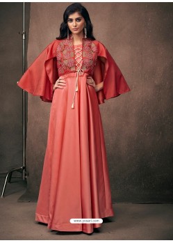 Light Red Triva Satin Silk Embroidered Designer Gown