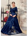 Navy Blue Silk Mulberry Embroidered Floor Length Suit