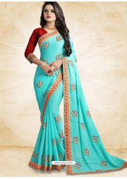 Sky Blue Vichitra Silk Embroidered Designer Saree