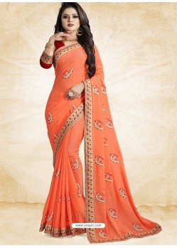 Orange Vichitra Silk Embroidered Designer Saree