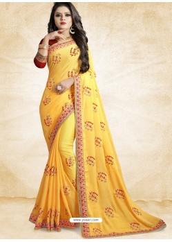 Yellow Vichitra Silk Embroidered Designer Saree