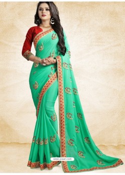 Jade Green Vichitra Silk Embroidered Designer Saree