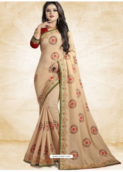 Beige Vichitra Silk Embroidered Designer Saree