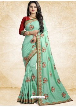 Aqua Mint Vichitra Silk Embroidered Designer Saree