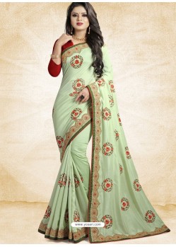 Sea Green Vichitra Silk Embroidered Designer Saree