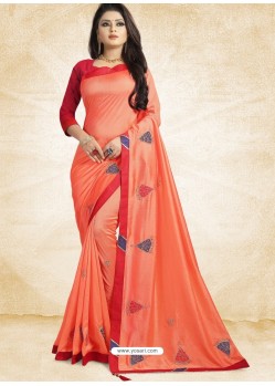 Pretty Orange Vichitra Silk Embroidered Designer Saree