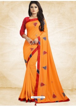 Incredible Orange Vichitra Silk Embroidered Designer Saree