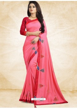 Hot Pink Vichitra Silk Embroidered Designer Saree