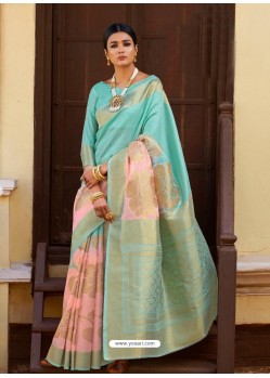 Sky And Pink Kansula Silk Jacquard Worked Designer Saree