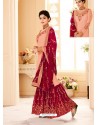 Peach And Red Real Georgette Embroidered Designer Sharara Suit